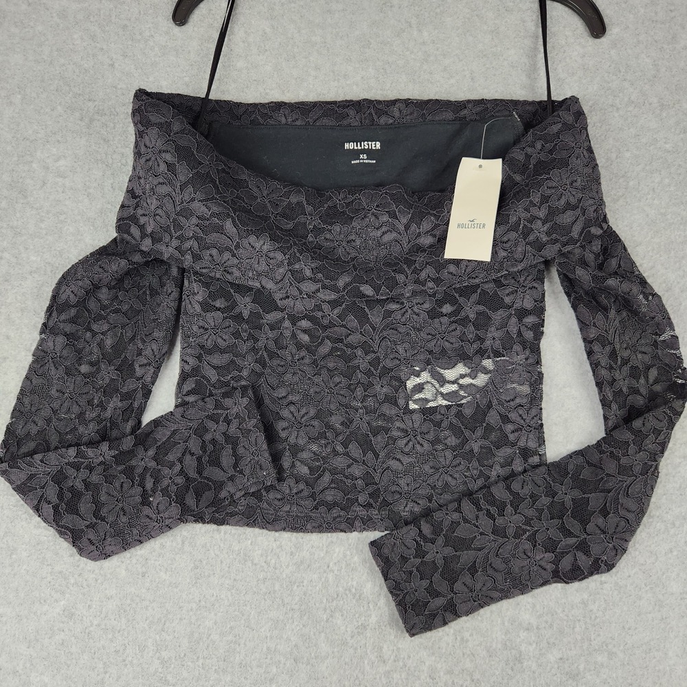 NWT Hollister Top Women's Size XS Black Off-The-Shoulder Floral Lace Cropped